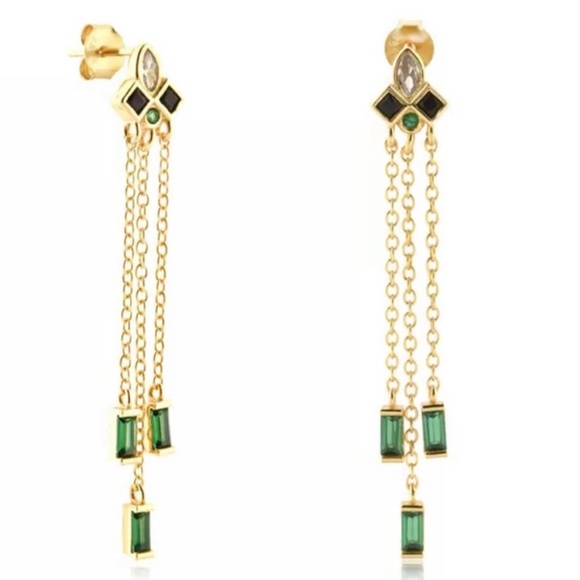 GOLD PLATED STERLING SILVER ART DECO MID CENTURY MODERN EMERALD ONYX DANGLE - Picture 5 of 10